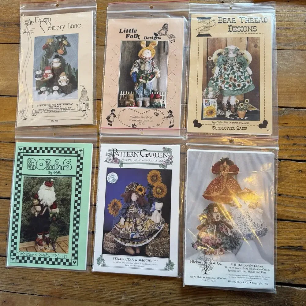 Vintage Primitive Doll Sewing Pattern Lot Country Folk Rag Doll Sunflower Santa